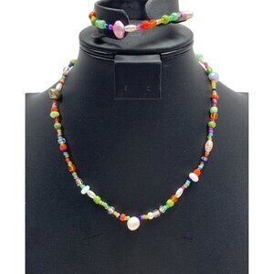 Genuine Pearl Beaded Necklace & Bracelet Set Multicolor 14”L, 7”L